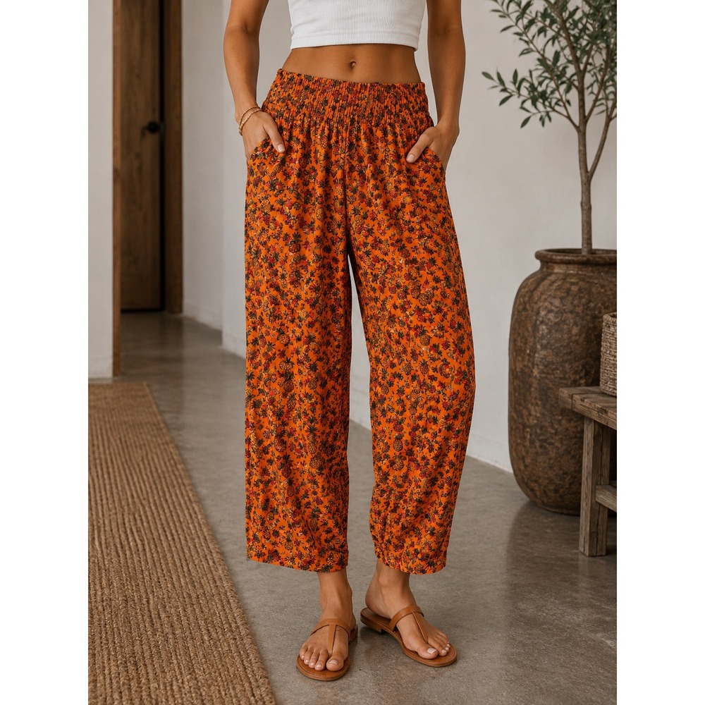 Farm Rio Pineapple Print Pants Womens Small Orange Elastic Waist Cotton Tropical